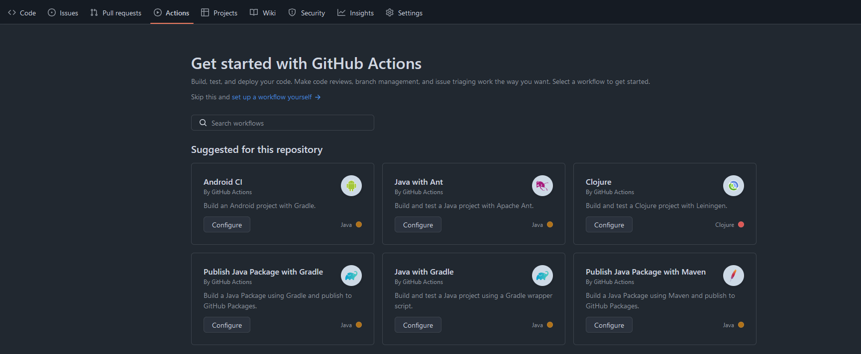 A list of actions that GitHub suggests for the repository.