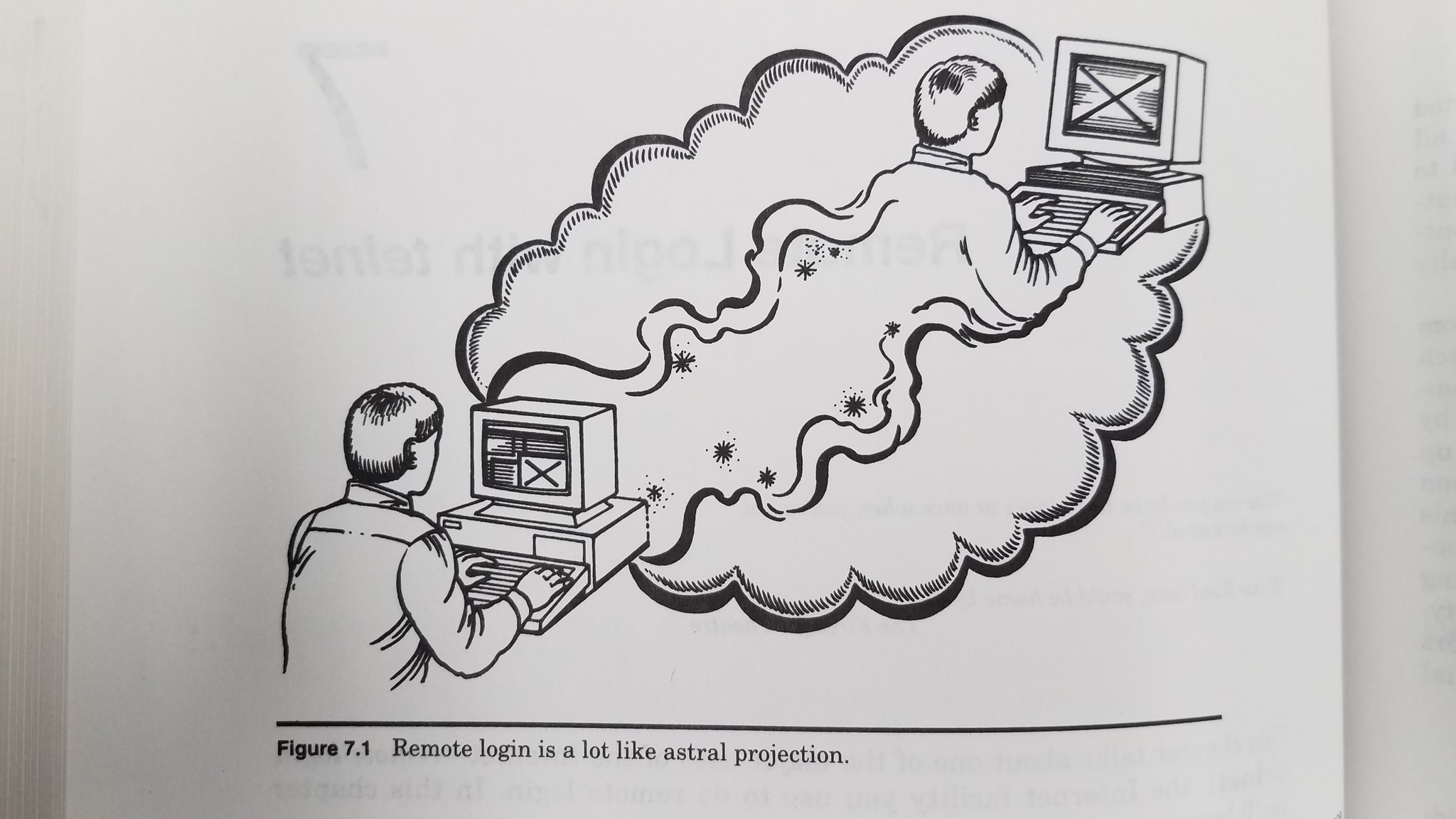 A figure from a book, captioned "Remote login is a lot like astral
projection". It depicts a person at a computer magically projected to
be sitting in front of another.