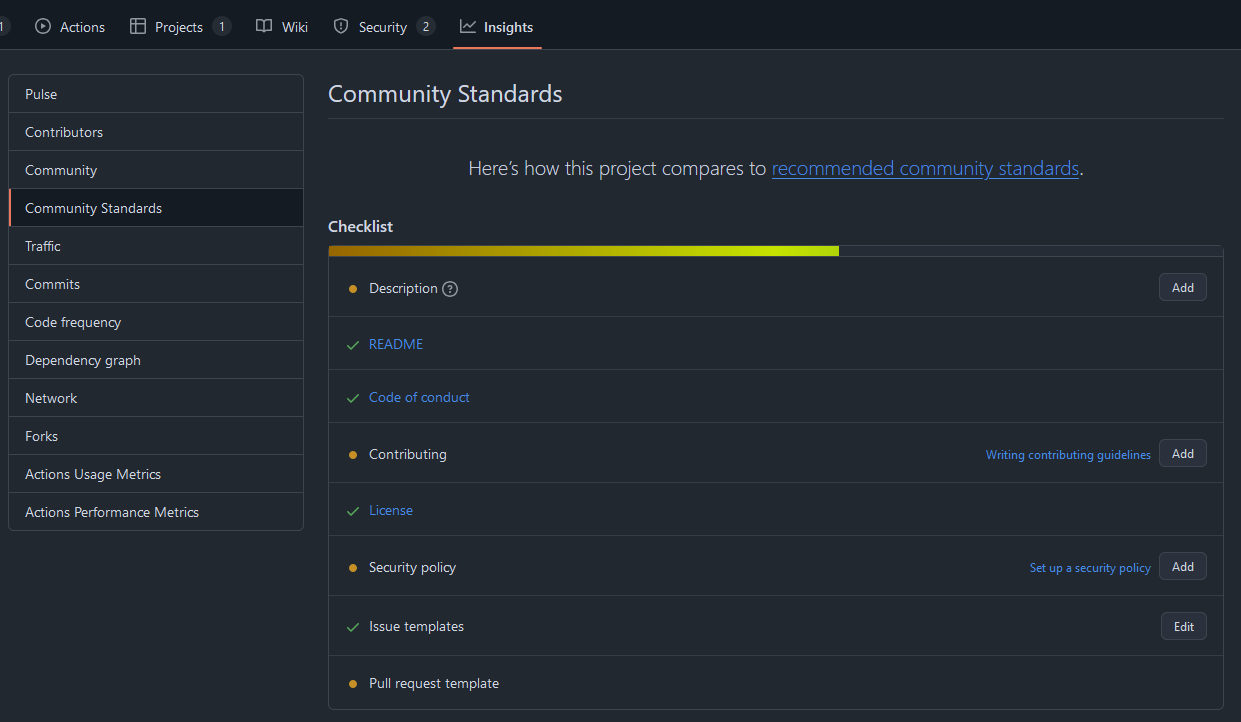 An overview of community standards that GitHub lists.