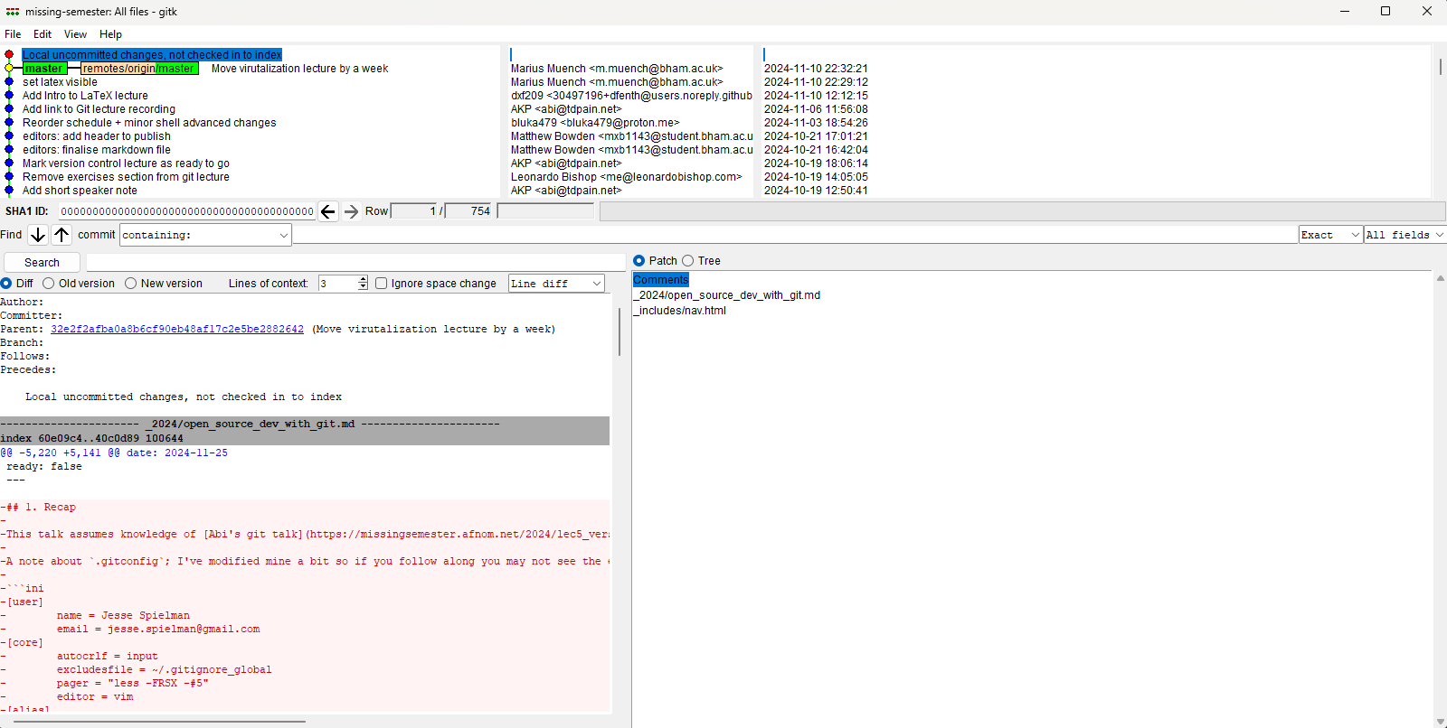 A screenshot of gitk.