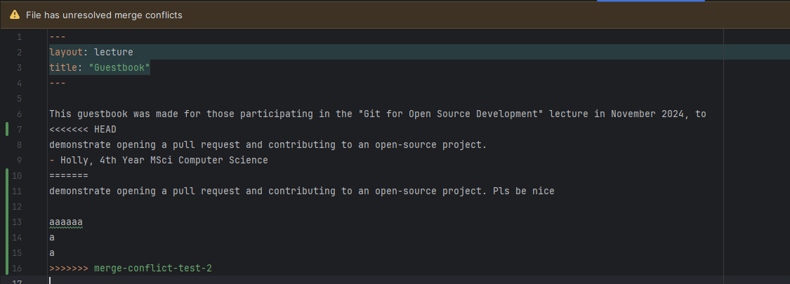 How a merge conflict looks in text.