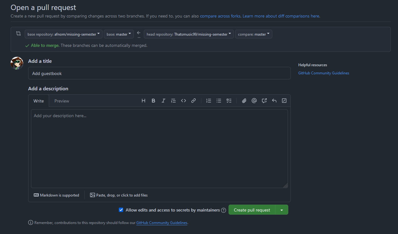 The menu for opening a pull request.