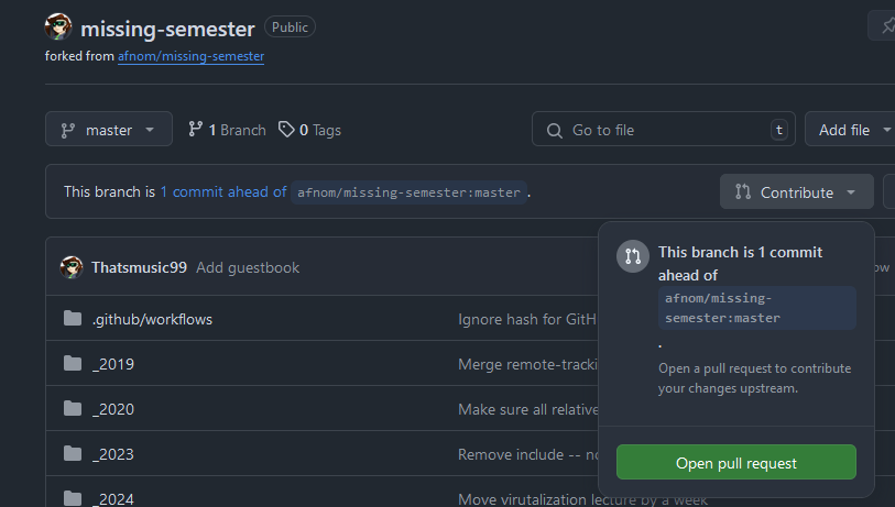 The prompt to open a pull request to the original repository.