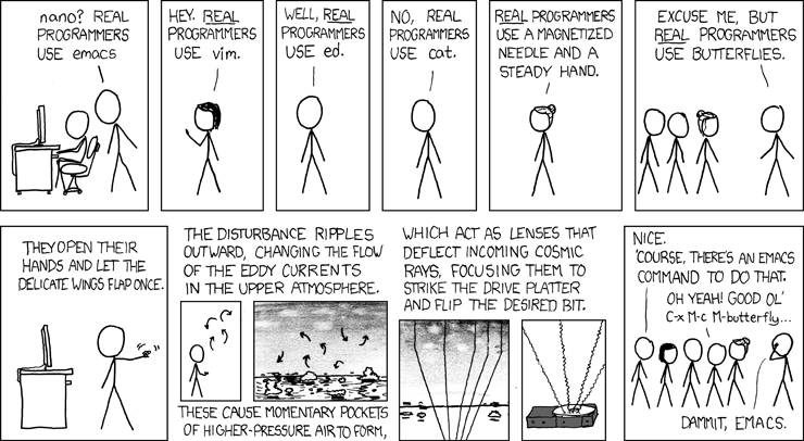 A comic showing people arguing over text editors. One describes flipping bits manually through an absurd process, before another remarks that Emacs has that functionality built in.